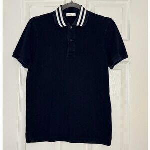 Sandro Paris Mens Polo‎ Shirt Small Navy White Striped Collar Short Sleeve